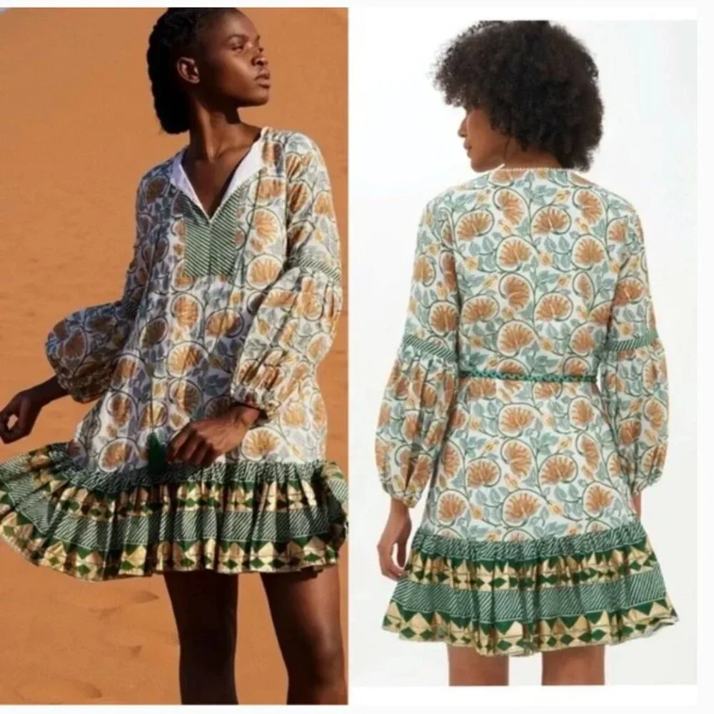 NWT Oliphant Green and Orange Floral Montenegro Amber Balloon Drop Mini Dress